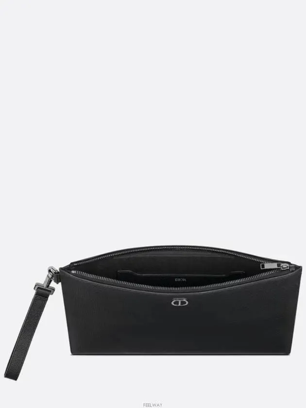 A4 Pouch CD Icon Signature Grained Calfskin Clutch Bag Black