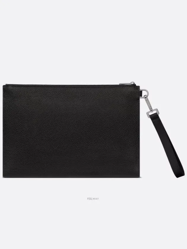 A4 Pouch CD Icon Signature Grained Calfskin Clutch Bag Black