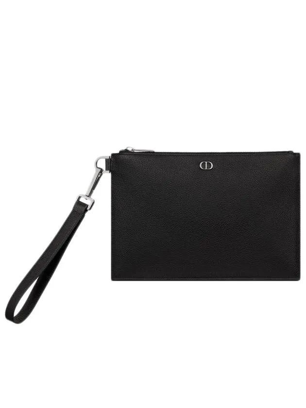 A4 Pouch CD Icon Signature Grained Calfskin Clutch Bag Black