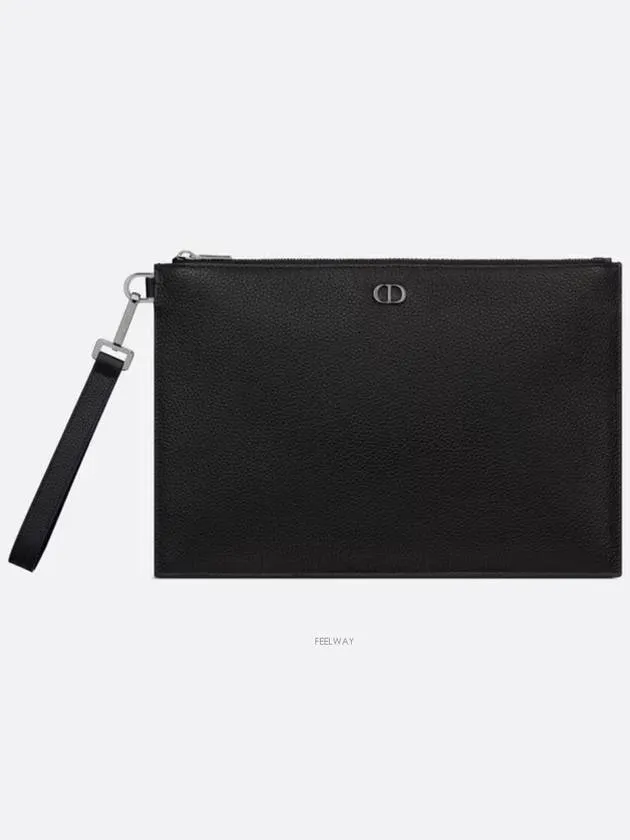 A4 Pouch CD Icon Signature Grained Calfskin Clutch Bag Black