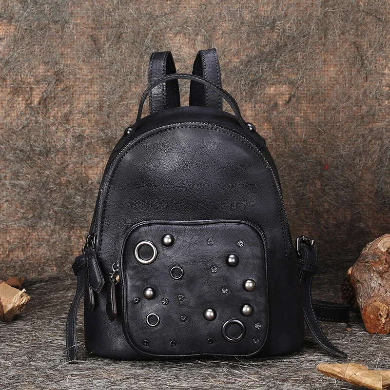 Best Vintage Rivet Leather Rucksack Womens Small School Backpacks Leather Backpack Purse