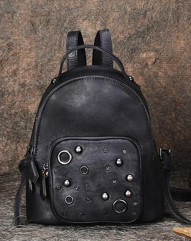 Best Vintage Rivet Leather Rucksack Womens Small School Backpacks Leather Backpack Purse