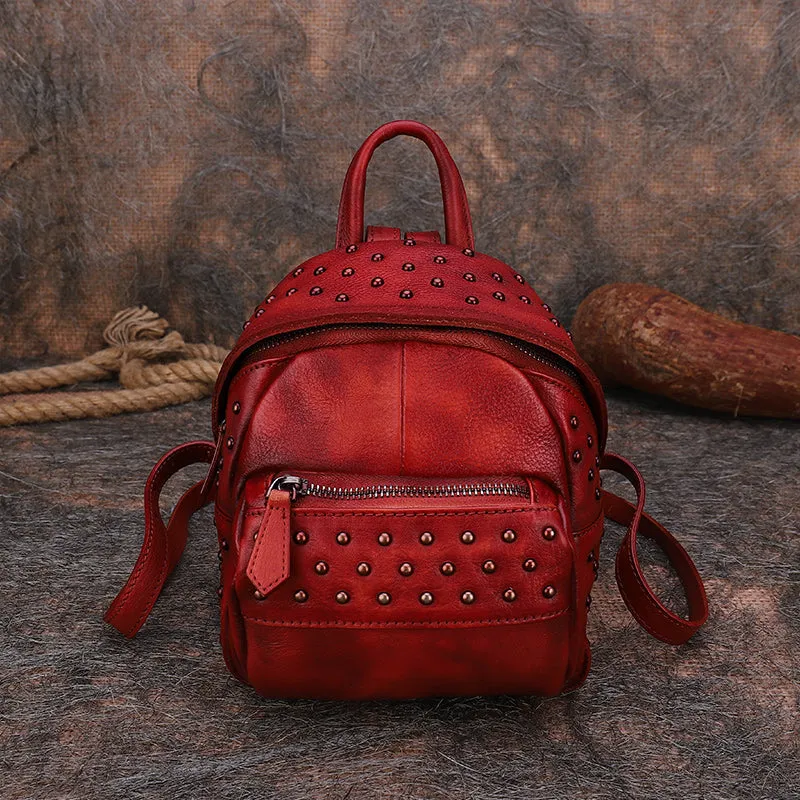 Best Vintage Rivets Coffee Leather Rucksack Womens Small School Rucksack Leather Backpack Purse