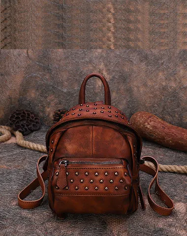 Best Vintage Rivets Coffee Leather Rucksack Womens Small School Rucksack Leather Backpack Purse