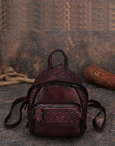 Best Vintage Rivets Coffee Leather Rucksack Womens Small School Rucksack Leather Backpack Purse