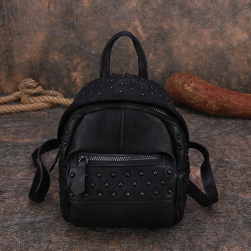 Best Vintage Rivets Coffee Leather Rucksack Womens Small School Rucksack Leather Backpack Purse