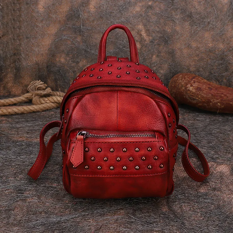 Best Vintage Rivets Coffee Leather Rucksack Womens Small School Rucksack Leather Backpack Purse