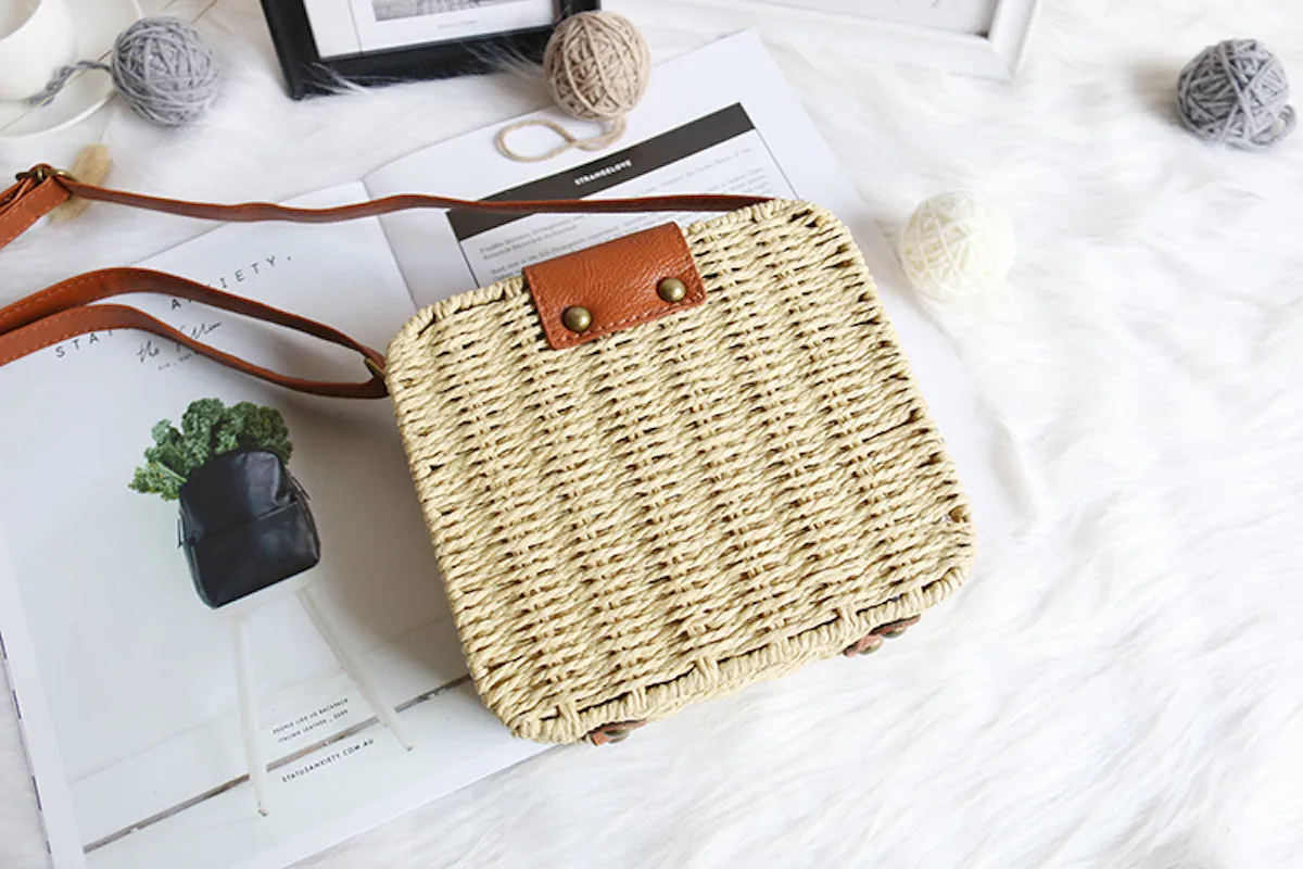 Elena Handbags Straw Woven Square Box Bag with Leather Flap