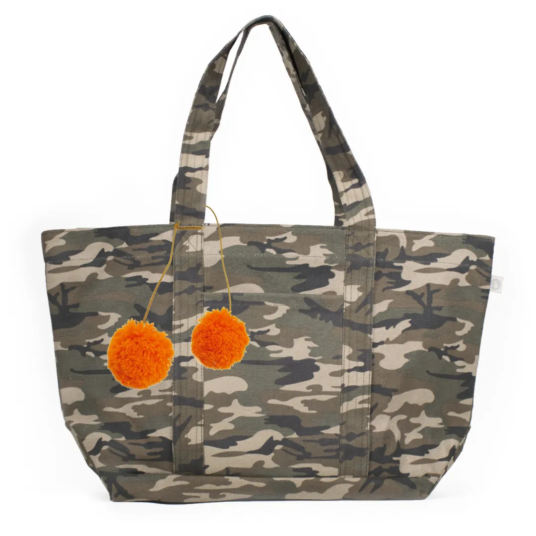 Large Zipper Tote Green Camo with Orange Pom Poms