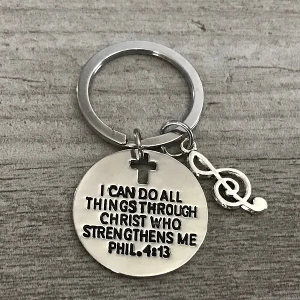 Music Keychain, Christian Faith Charm I Can Do All Things Through Christ Who Strengthens