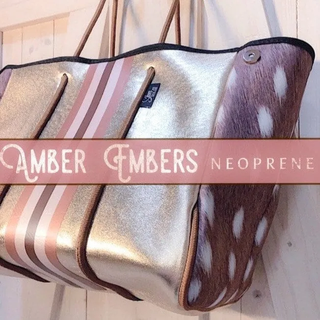 NWT © Amber Embers smooth blushed bronze lit metallic neoprene TOTE w auburn fawn snap sides   rouged amber & chocolate brown racing stripes