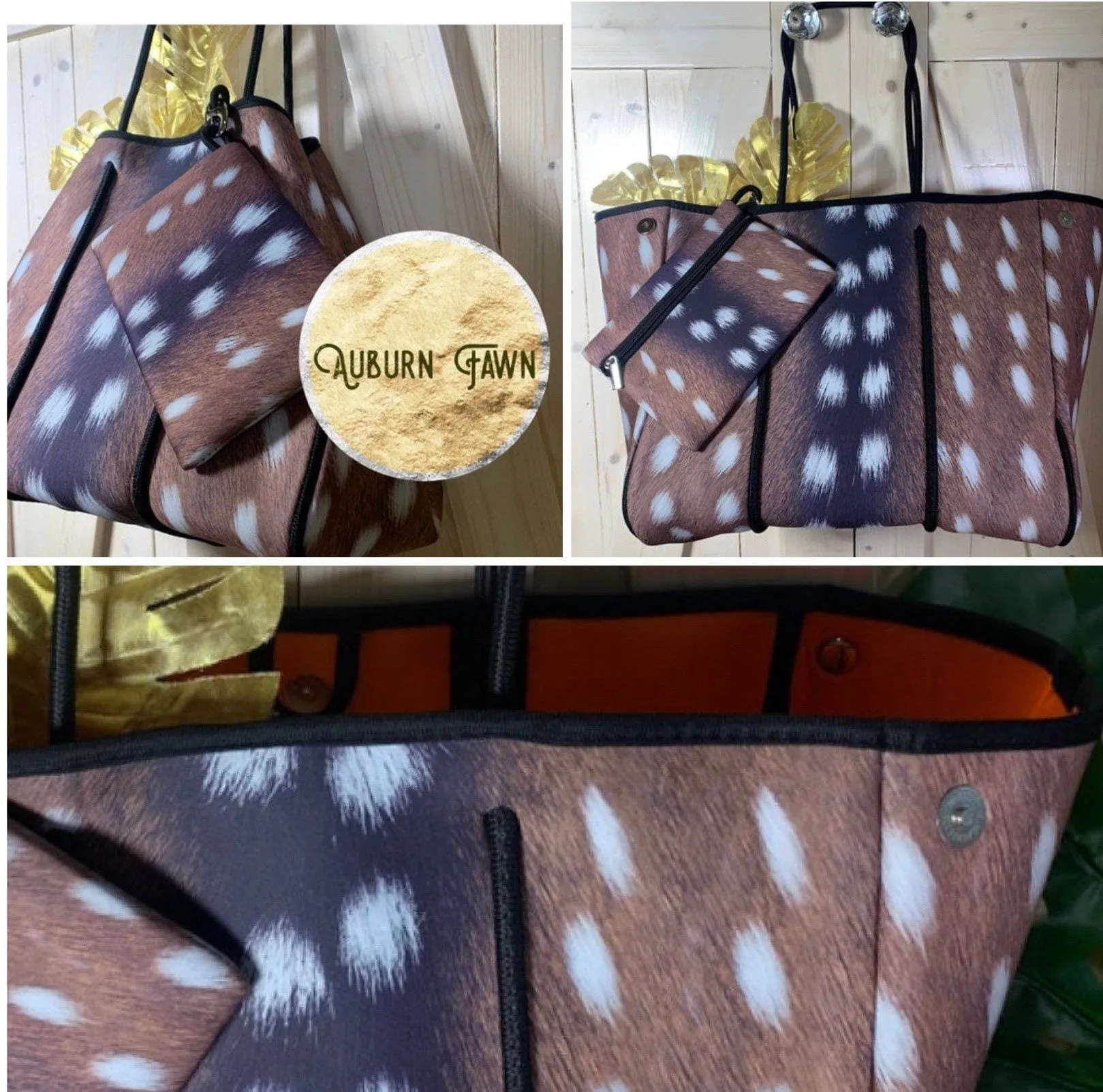 NWT © Amber Embers smooth blushed bronze lit metallic neoprene TOTE w auburn fawn snap sides   rouged amber & chocolate brown racing stripes