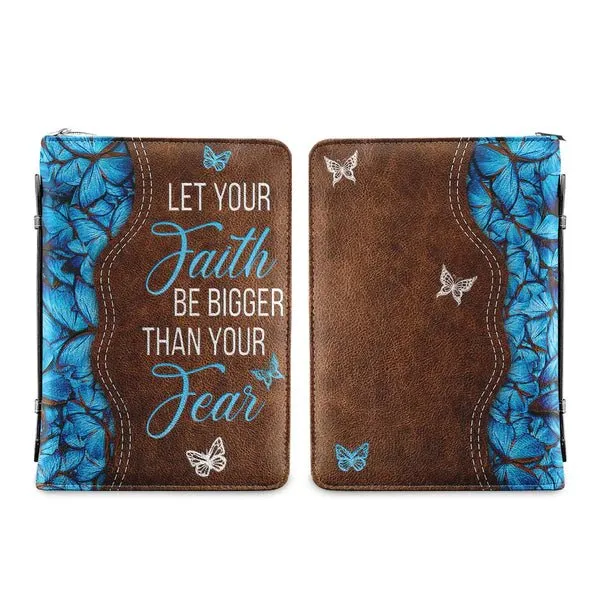 "Faith Over Fear" Embossed Leather Bible Cover with Blue Butterfly Motif - CHRISTIANARTBAG