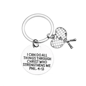 Tennis Charm Keychain, Christian Faith Charm Keychain, I Can Do All Things Through Christ Who Strengthens Me