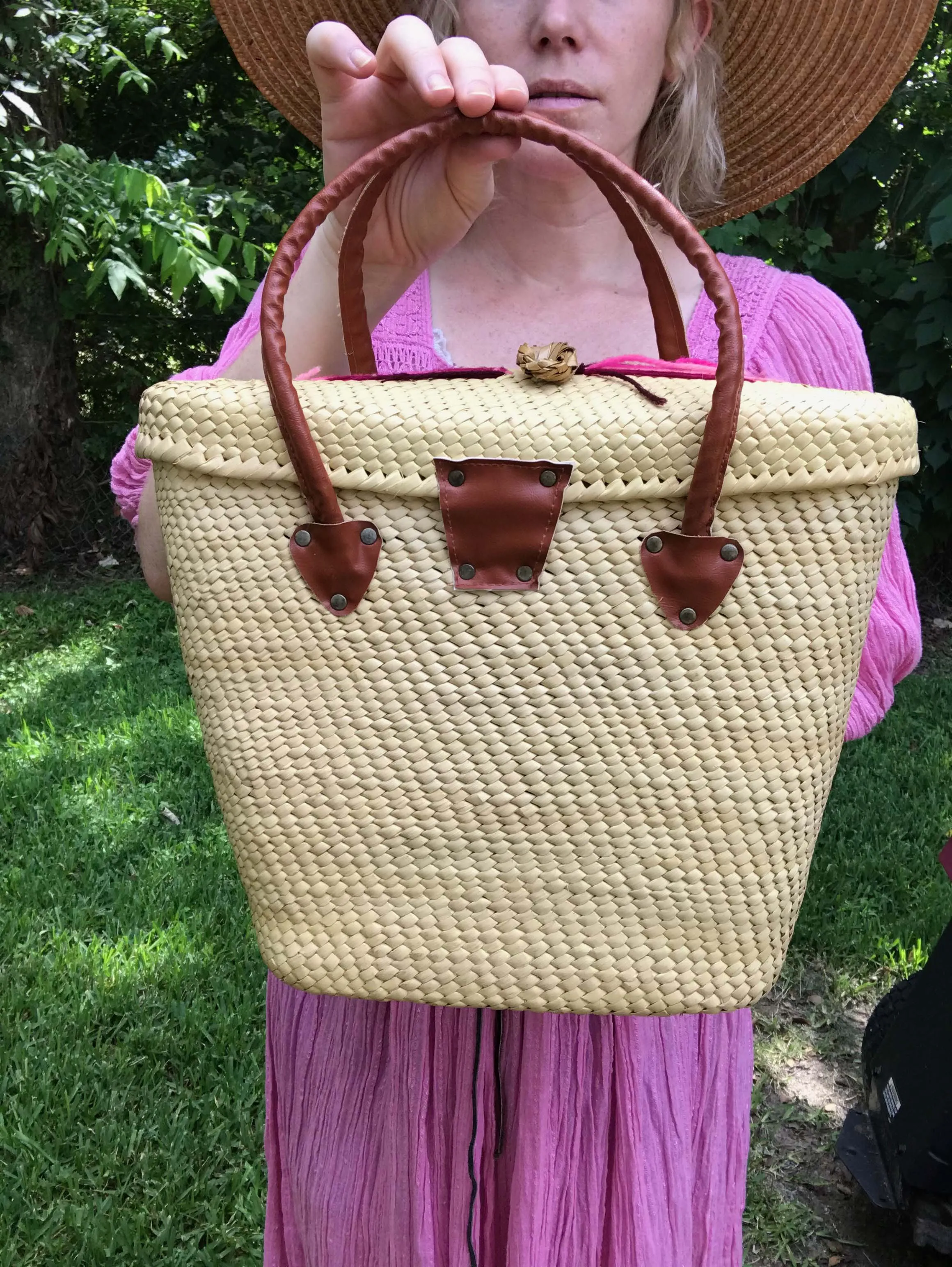 Vintage 70s | Mexican Straw Raffia Purse Market Tote Bag Novelty Boho Beach Bag